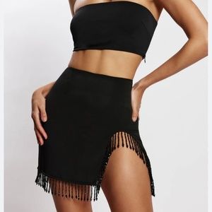 Stephanie Fringe Mini Skirt- Black Meshki